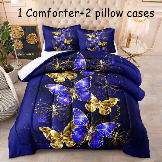 3pcs Fashion Luxury Comforter Set, Purple Golden Butterfly Print Bedding Set, Soft Comfortable And Skin-friendly Comforter For Bedroom, Guest Room (1*Comforter + 2*Pillowcase, Without Core)