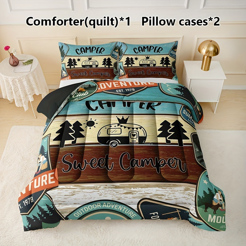 3pcs Colorful Road Camping Theme Quilt Set (1 Quilt + 2 Pillowcases, Without Pillow Core), Four Seasons Quilted Bedding Soft Comfortable Breathable Printed Quilt For Home Dormitory