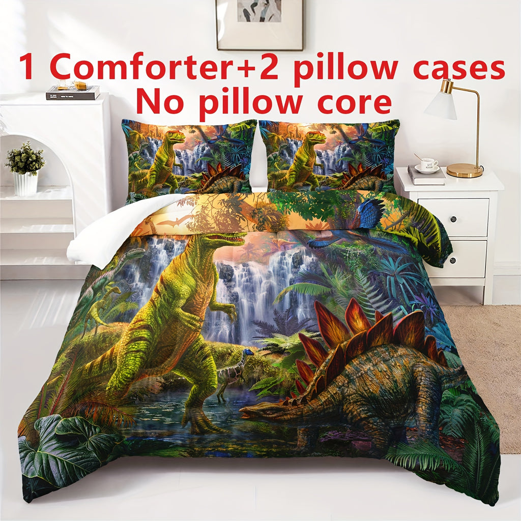 3pcs 3D Dinosaur Comforter Set (1*Comforter + 2*Pillowcase, Without Core), Jurassic Jungle Dinosaur Print All Season Bedding Set, Soft Comfortable And Skin-friendly Comforter For Bedroom, Guest Room